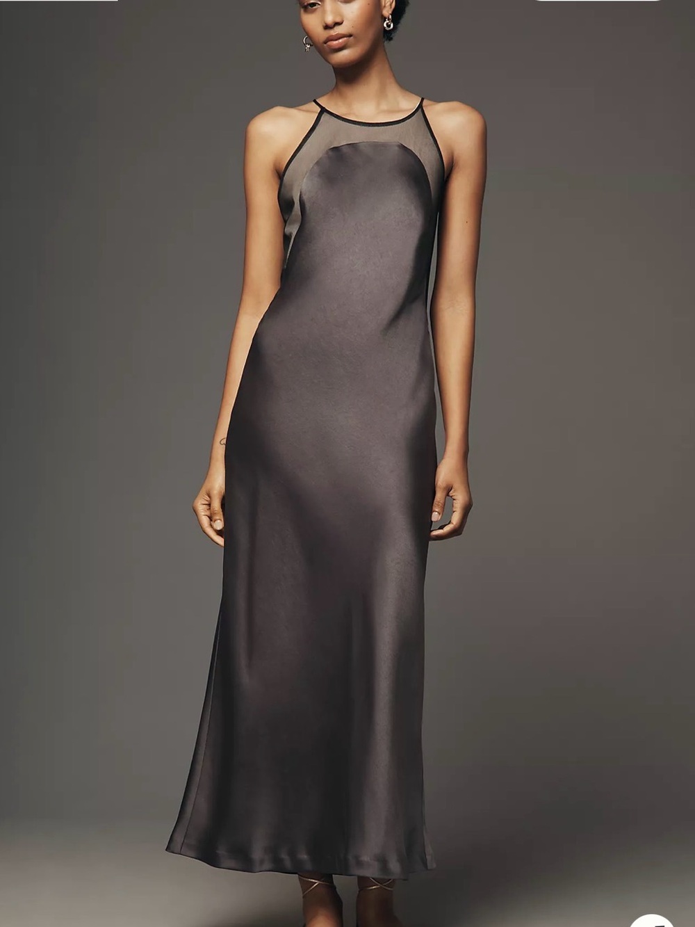 Anthropologie Maeve Mesh Satin Slip Dress in Dark Gray